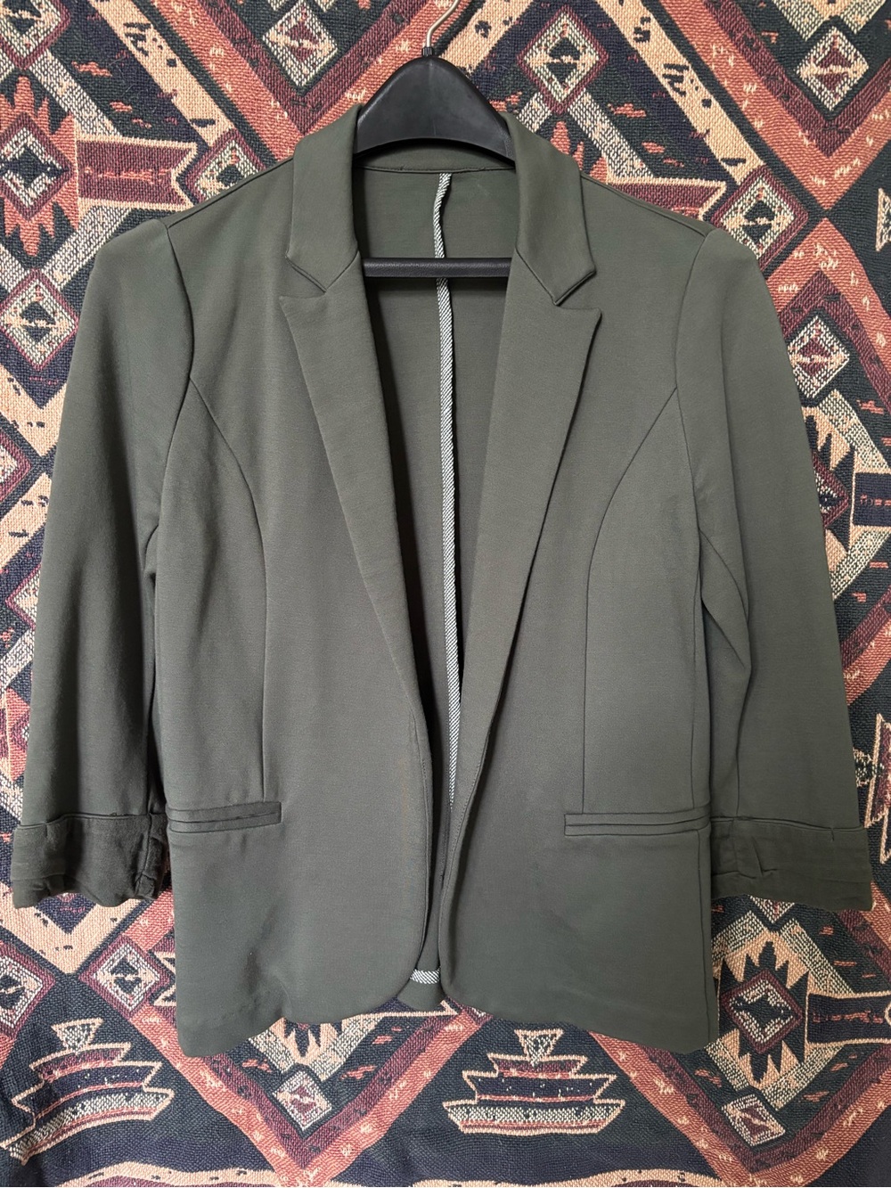 Women’s Olive Green Open-Front Soft, Stretchy Blazer Jacket 1/4 Length Sleeve